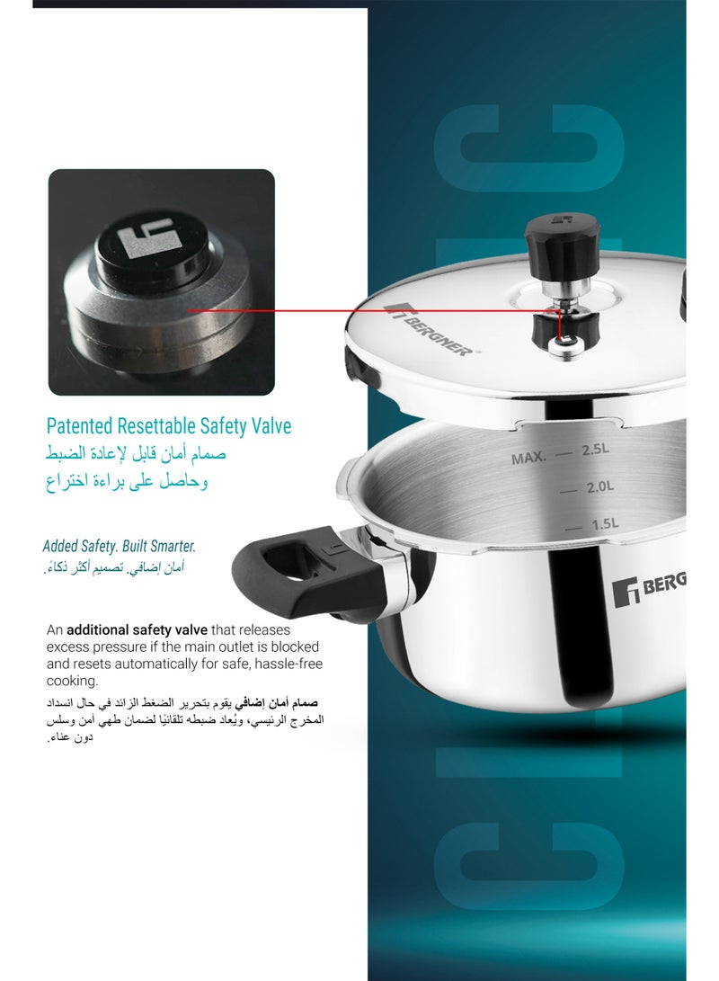 BERGNER 5Liters Bergner Argent Classic 5L Triply Stainless Steel Big Size Pressure Cooker Pan with Outer Lid, Resettable Safety Valve, Sturdy Handle, Fast & Even Healthy Cooking, Durable, Induction & Gas Compatible silver - Image 4